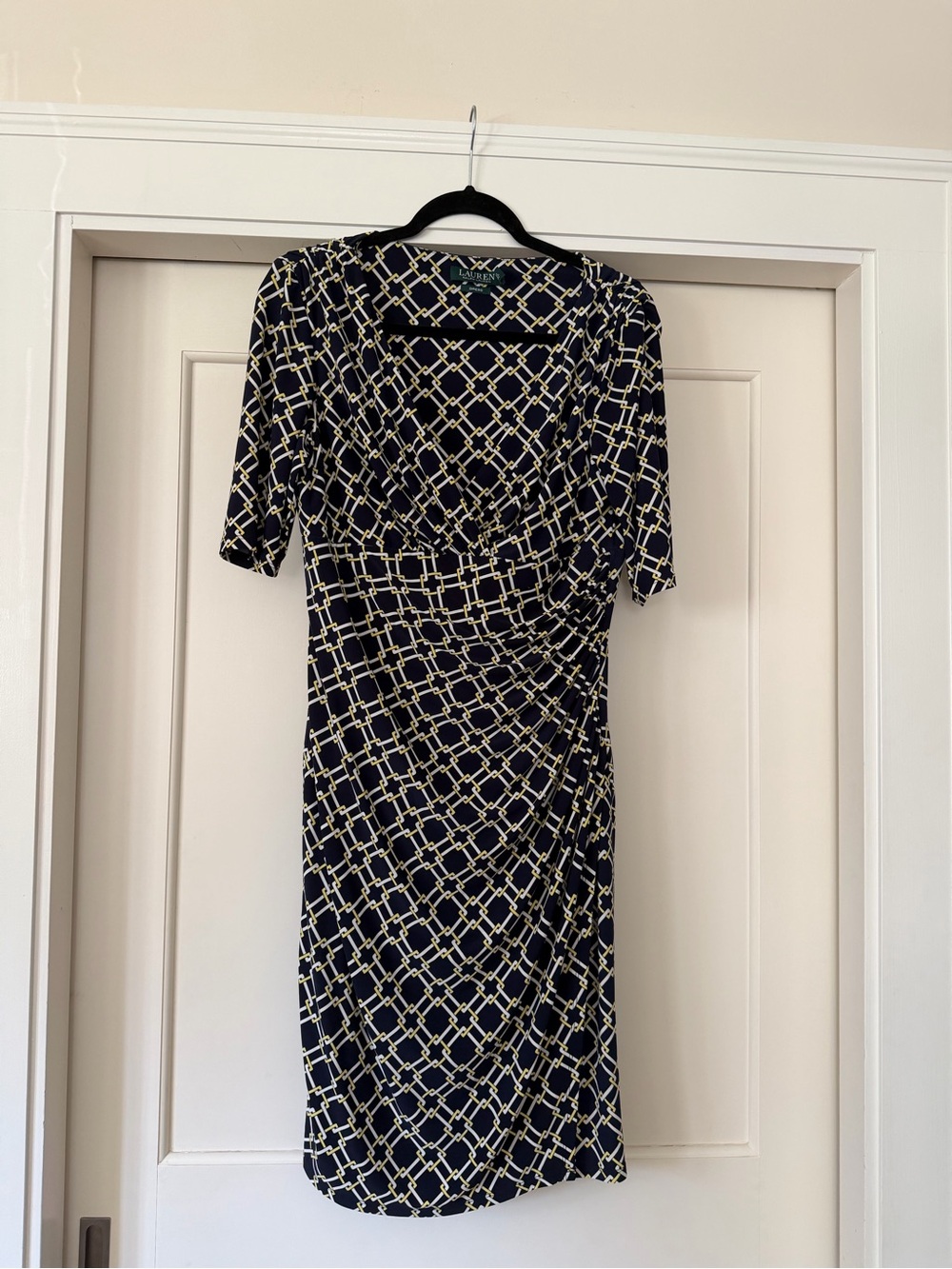 Lauren Ralph Lauren Navy Yellow Chain Link Print Ruched Jersey Dress 12